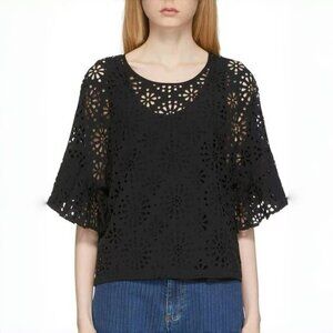 $428 NWOT See by Chloé Eyelet Top Lasercut Perforated Blouse Size 34 Black